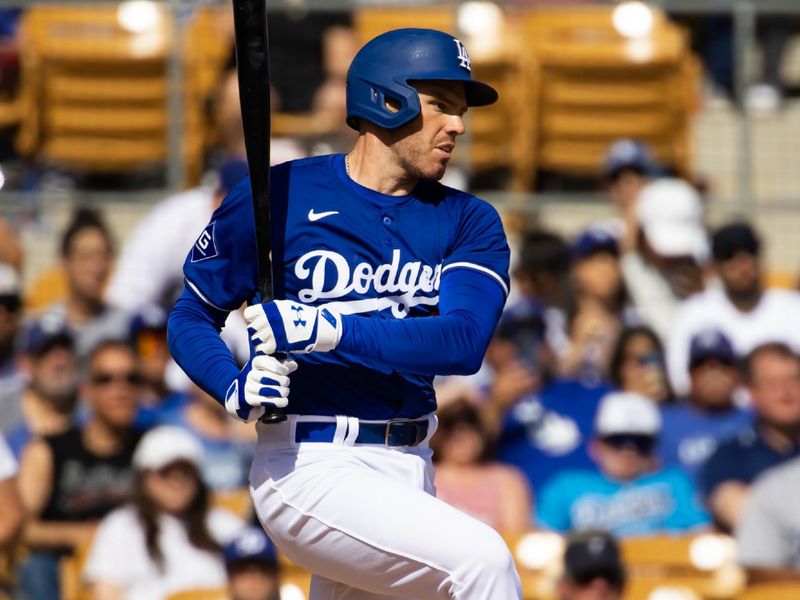 Feb 23, 2024; Phoenix, Arizona, USA; Los Angeles Dodgers first baseman Freddie Freeman against the San Diego Padres during a spring training game at Camelback Ranch-Glendale. Mandatory Credit: Mark J. Rebilas-USA TODAY Sports