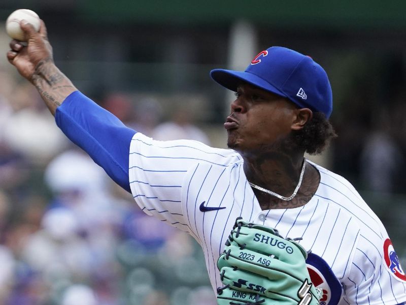 Jul 15, 2023; Chicago, Illinois, USA; Chicago Cubs starting pitcher Marcus Stroman (0) throws the ball against the Boston Red Sox during the first inning at Wrigley Field. Mandatory Credit: David Banks-USA TODAY Sports