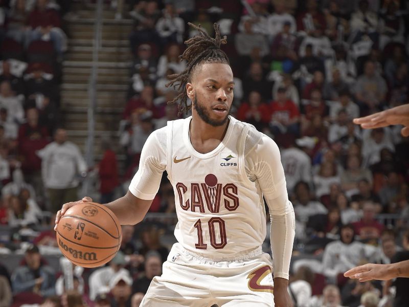 CLEVELAND, OH - APRIL 20: Darius Garland #10 of the Cleveland Cavaliers handles the ball during Round 1 Game 1 of the 2024 NBA Playoffs against the Orlando Magic on April 20, 2024 at Rocket Mortgage FieldHouse in Cleveland, Ohio. NOTE TO USER: User expressly acknowledges and agrees that, by downloading and/or using this Photograph, user is consenting to the terms and conditions of the Getty Images License Agreement. Mandatory Copyright Notice: Copyright 2024 NBAE (Photo by David Liam Kyle/NBAE via Getty Images)