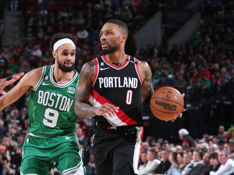 PORTLAND, OR - MARCH 17: Damian Lillard #0 of the Portland Trail Blazers handles the ball during the game against the Boston Celtics  on March 17, 2023 at the Moda Center Arena in Portland, Oregon. NOTE TO USER: User expressly acknowledges and agrees that, by downloading and or using this photograph, user is consenting to the terms and conditions of the Getty Images License Agreement. Mandatory Copyright Notice: Copyright 2023 NBAE (Photo by Sam Forencich/NBAE via Getty Images)