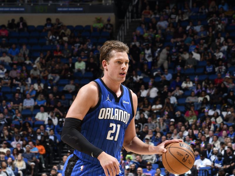 ORLANDO, FL - FEBRUARY 27: Moritz Wagner #21 of the Orlando Magic dribbles the ball during the game against the Brooklyn Nets on February 27, 2024 at the Kia Center in Orlando, Florida. NOTE TO USER: User expressly acknowledges and agrees that, by downloading and or using this photograph, User is consenting to the terms and conditions of the Getty Images License Agreement. Mandatory Copyright Notice: Copyright 2024 NBAE (Photo by Fernando Medina/NBAE via Getty Images)