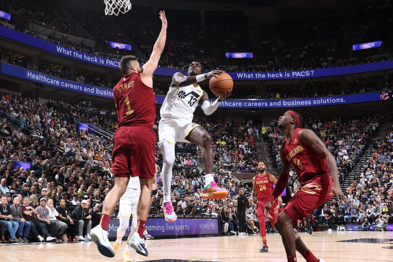 SALT LAKE CITY, UT - APRIL 2: Kira Lewis Jr. #13 of the Utah Jazz drives to the basket during the game against the Cleveland Cavaliers on April 2, 2024 at Delta Center in Salt Lake City, Utah. NOTE TO USER: User expressly acknowledges and agrees that, by downloading and or using this Photograph, User is consenting to the terms and conditions of the Getty Images License Agreement. Mandatory Copyright Notice: Copyright 2024 NBAE (Photo by Melissa Majchrzak/NBAE via Getty Images)