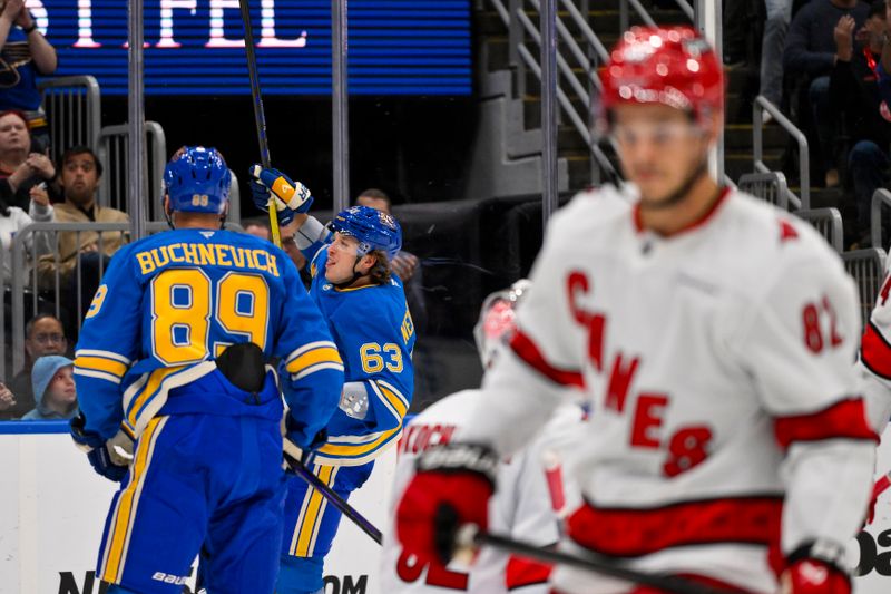 Oct 19, 2024; St. Louis, Missouri, USA;  St. Louis Blues left wing Jake Neighbours (63) celebrates after scoring against the Carolina Hurricanes during the second period at Enterprise Center. Mandatory Credit: Jeff Curry-Imagn Images