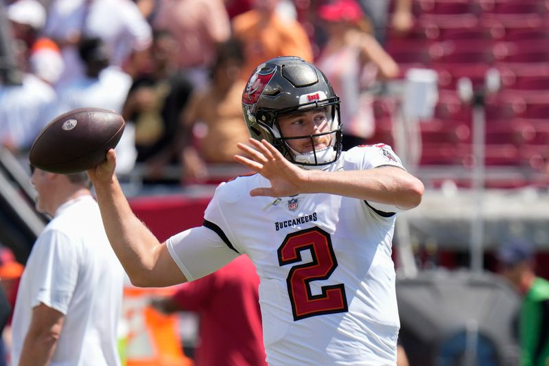 Tampa Bay Buccaneers quarterback Kyle Trask (2) throws a pass during warmups for an NFL football game against the Chicago Bears, Sunday, Sept. 17, 2023, in Tampa, Fla. (AP Photo/Chris O'Meara)