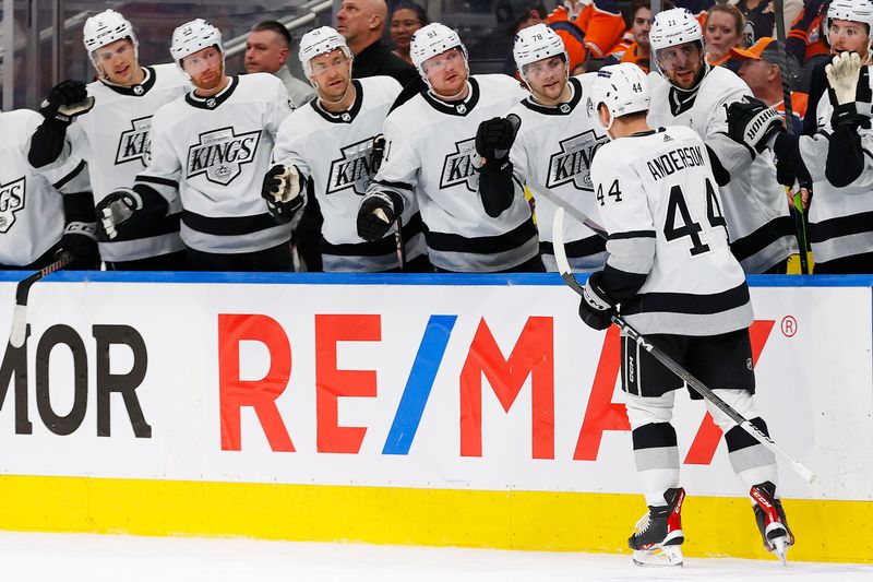 Apr 22, 2024; Edmonton, Alberta, CAN; The Los Angeles Kings celebrate a goal by defensemen Mikey Anderson (44) during the second period against the Edmonton Oilers in game one of the first round of the 2024 Stanley Cup Playoffs at Rogers Place. Mandatory Credit: Perry Nelson-USA TODAY Sports