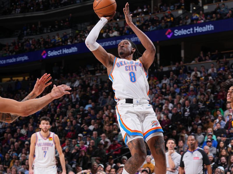 DENVER, CO - NOVEMBER 6: Jalen Williams #8 of the Oklahoma City Thunder shoots the ball during the game against the Denver Nuggets  during a regular season game on November 6, 2024 at Ball Arena in Denver, Colorado. NOTE TO USER: User expressly acknowledges and agrees that, by downloading and/or using this Photograph, user is consenting to the terms and conditions of the Getty Images License Agreement. Mandatory Copyright Notice: Copyright 2024 NBAE (Photo by Bart Young/NBAE via Getty Images)