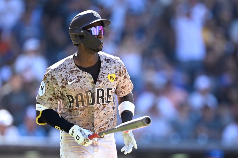 Aug 25, 2024; San Diego, California, USA; San Diego Padres left fielder Jurickson Profar (10) hits a two-run home run against the New York Mets during the eighth inning at Petco Park. Mandatory Credit: Orlando Ramirez-USA TODAY Sports