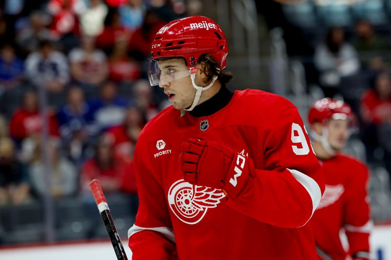 Oct 3, 2024; Detroit, Michigan, USA;  Detroit Red Wings center Marco Kasper (92) skates in the first period against the Toronto Maple Leafs at Little Caesars Arena. Mandatory Credit: Rick Osentoski-Imagn Images