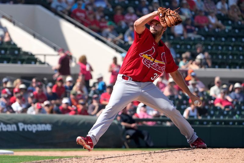 Mar 7, 2023; Lakeland, Florida, USA; St. Louis Cardinals pitcher Andrews Suarez (31) throws a pitch in the fifth inning against the Detroit Tigers at Publix Field at Joker Marchant Stadium. Mandatory Credit: Dave Nelson-USA TODAY Sports