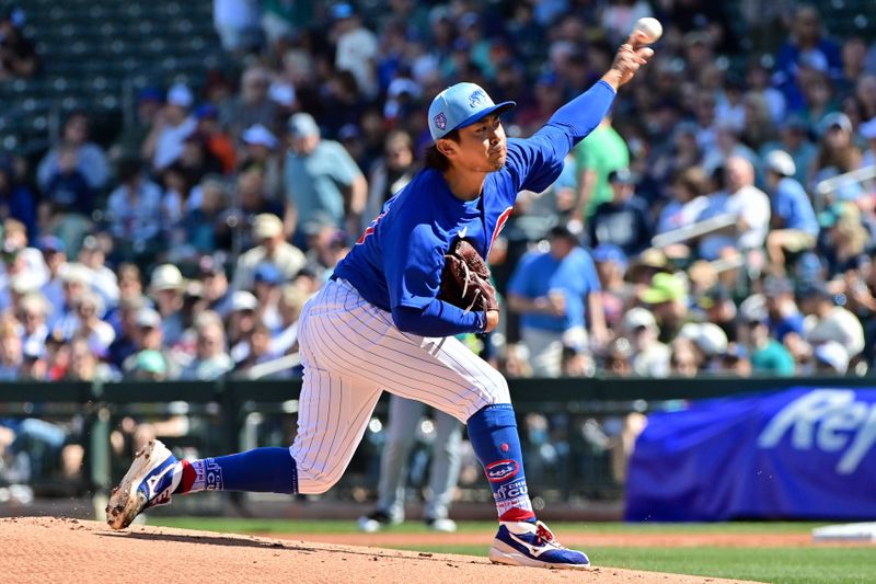 Mar 8, 2024; Mesa, Arizona, USA;  Chicago Cubs starting pitcher Shota Imanaga (18) throws in the first inning against the Seattle Mariners during a spring training game at Sloan Park. Mandatory Credit: Matt Kartozian-USA TODAY Sports