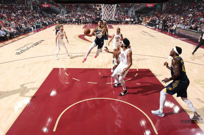 Cleveland, OH - OCTOBER 10: Tyrese Haliburton #0 of the Indiana Pacers shoots the ball during the game against the Cleveland Cavaliers during a NBA pre season game on October 10, 2024 at Rocket Mortgage Fieldhouse in Cleveland, Ohio. NOTE TO USER: User expressly acknowledges and agrees that, by downloading and or using this photograph, User is consenting to the terms and conditions of the Getty Images License Agreement. Mandatory Copyright Notice: Copyright 2024 NBAE (Photo by Jeff Haynes/NBAE via Getty Images)