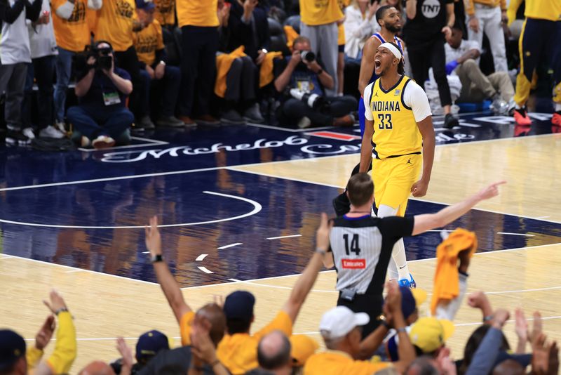 INDIANAPOLIS, INDIANA - MAY 25: Myles Turner #33 of the Indiana Pacers reacts against the New York Knicks during the second quarter in Game Three of the Eastern Conference Finals of the 2025 NBA Playoffs at Gainbridge Fieldhouse on May 25, 2025 in Indianapolis, Indiana. NOTE TO USER: User expressly acknowledges and agrees that, by downloading and or using this photograph, User is consenting to the terms and conditions of the Getty Images License Agreement. (Photo by Justin Casterline/Getty Images)