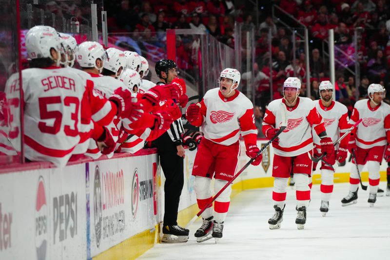 Jan 19, 2024; Raleigh, North Carolina, USA;  Detroit Red Wings center Klim Kostin (24) celebrates his goal against the Carolina Hurricanes during the first period at PNC Arena. Mandatory Credit: James Guillory-USA TODAY Sports