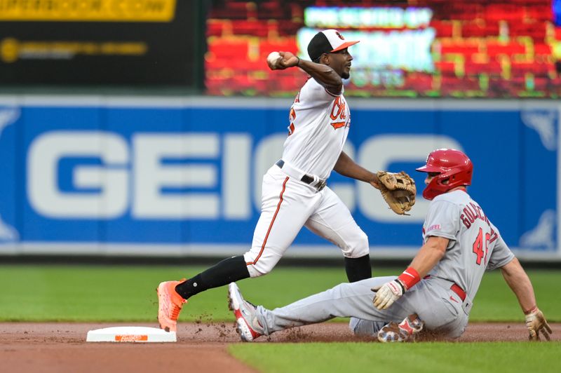 Sep 13, 2023; Baltimore, Maryland, USA;  Baltimore Orioles shortstop Jorge Mateo (3) throws to second base as St. Louis Cardinals catcher Willson Contreras (40) slides dung the first inning at Oriole Park at Camden Yards. Mandatory Credit: Tommy Gilligan-USA TODAY Sports