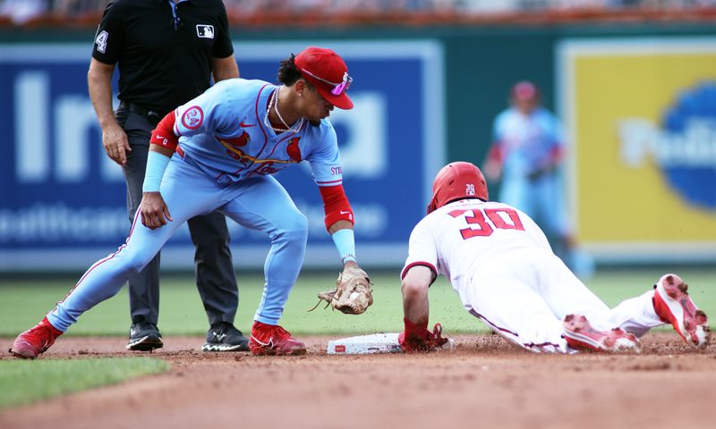 Jul 6, 2024; Washington, District of Columbia, USA; Washington Nationals outfielder Lane Thomas (28) steals second base during the first inning against the St. Louis Cardinals at Nationals Park. Mandatory Credit: Daniel Kucin Jr.-USA TODAY Sports