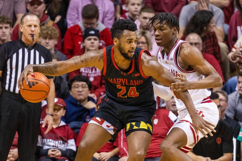 Dec 1, 2023; Bloomington, Indiana, USA; Maryland Terrapins forward Donta Scott (24) dribbles the ball while Indiana Hoosiers forward Anthony Walker (4) defends in the first half at Simon Skjodt Assembly Hall. Mandatory Credit: Trevor Ruszkowski-USA TODAY Sports