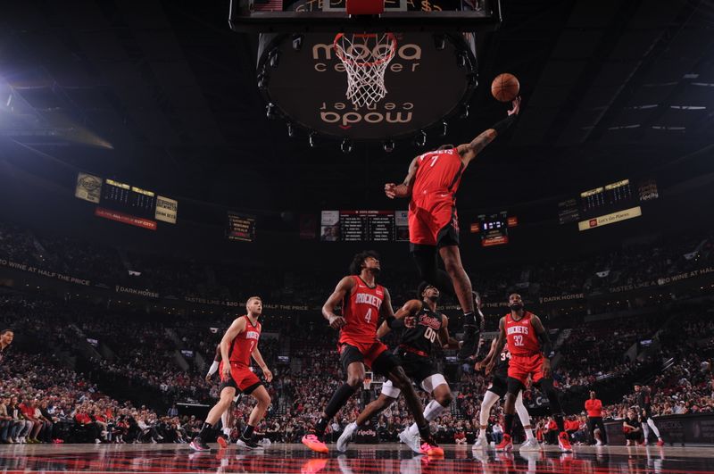 PORTLAND, OR - APRIL 12: Cam Whitmore #7 of the Houston Rockets goes up for the rebound during the game against the Portland Trail Blazers on April 12, 2024 at the Moda Center Arena in Portland, Oregon. NOTE TO USER: User expressly acknowledges and agrees that, by downloading and or using this photograph, user is consenting to the terms and conditions of the Getty Images License Agreement. Mandatory Copyright Notice: Copyright 2024 NBAE (Photo by Cameron Browne/NBAE via Getty Images)