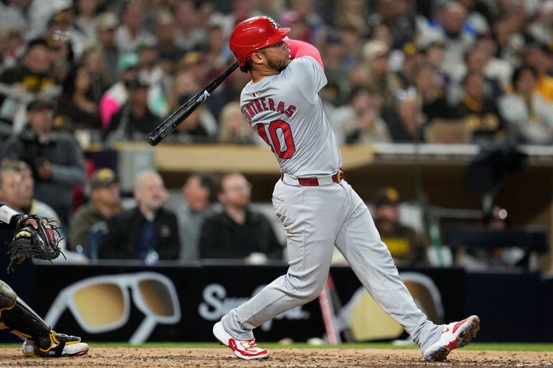 Apr 2, 2024; San Diego, California, USA;  St. Louis Cardinals catcher Willson Contreras (40) hits a home run against the San Diego Padres during the sixth inning at Petco Park. Mandatory Credit: Ray Acevedo-USA TODAY Sports