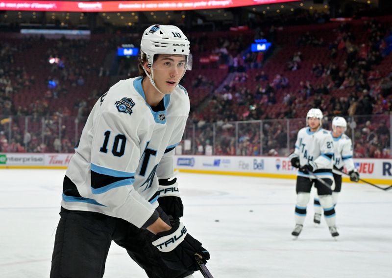 Nov 26, 2024; Montreal, Quebec, CAN; Utah Hockey Club defenseman Maveric Lamoureux (10) skates during the warmup period before a game against the Montreal Canadiens at the Bell Centre. Mandatory Credit: Eric Bolte-Imagn Images