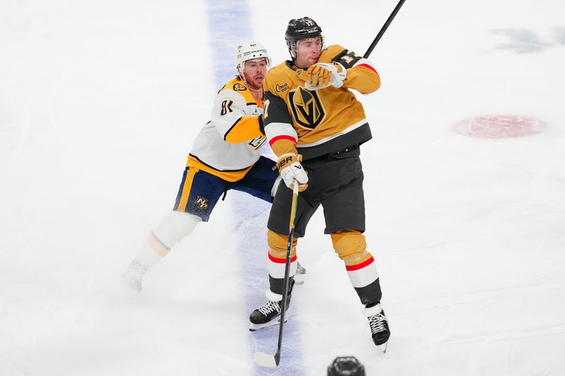 Jan 17, 2026; Las Vegas, Nevada, USA; Vegas Golden Knights defenseman Ben Hutton (17) gloves the puck in front of Nashville Predators center Jonathan Marchessault (81) during the third period at T-Mobile Arena. Mandatory Credit: Stephen R. Sylvanie-Imagn Images