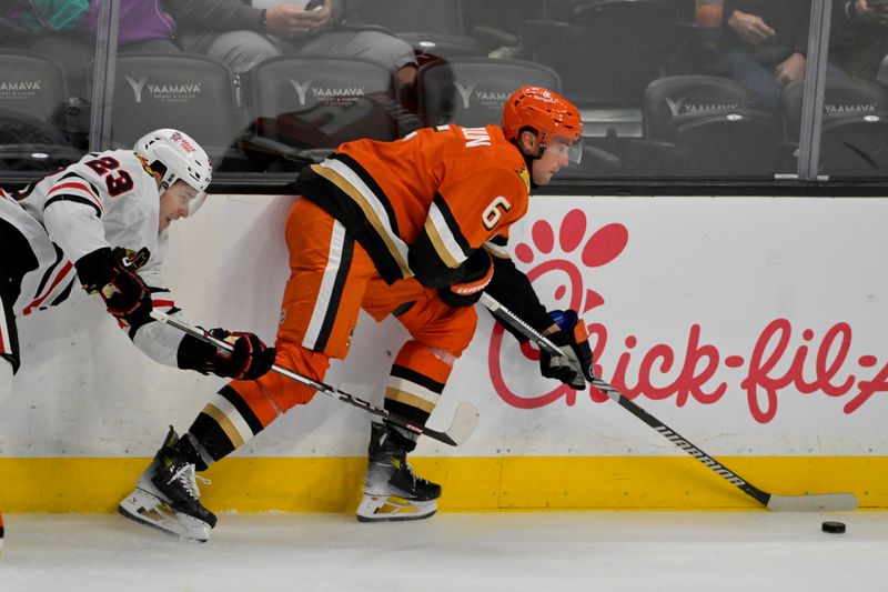 Nov 3, 2024; Anaheim, California, USA;  Chicago Blackhawks center Philipp Kurashev (23) is called for a hooking penalty on Anaheim Ducks defenseman Brian Dumoulin (6) in the second period at Honda Center. Mandatory Credit: Jayne Kamin-Oncea-Imagn Images