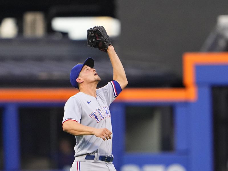 Aug 30, 2023; New York City, New York, USA;  Texas Rangers shortstop Corey Seager (5) catches a fly ball hit by New York Mets shortstop Francisco Lindor (not pictured) during the first inning at Citi Field. Mandatory Credit: Gregory Fisher-USA TODAY Sports