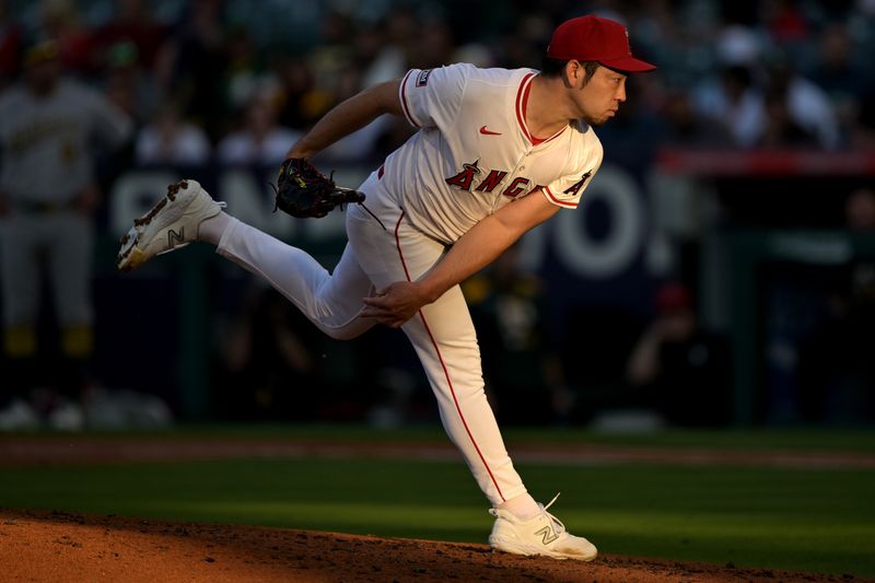 Jun 9, 2025; Anaheim, California, USA;  Los Angeles Angels starting pitcher Yusei Kikuchi (16) delivers to the plate in the second inning Athletics at Angel Stadium. Mandatory Credit: Jayne Kamin-Oncea-Imagn Images