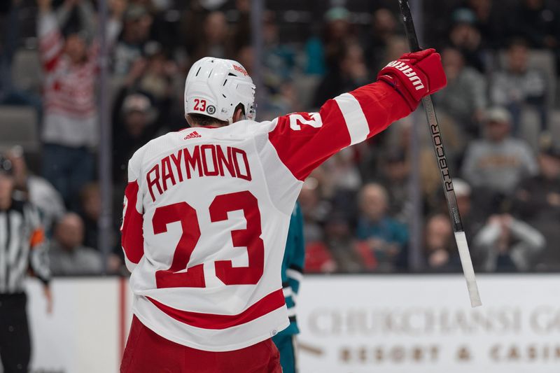 Jan 2, 2024; San Jose, California, USA; Detroit Red Wings left wing Lucas Raymond (23) reacts during the third period against the San Jose Sharks at SAP Center at San Jose. Mandatory Credit: Stan Szeto-USA TODAY Sports