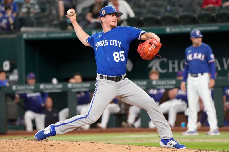 Mar 28, 2023; Arlington, Texas, USA; Kansas City Royals pitching coach Brian Sweeney (85) delivers a pitch to the Texas Rangers during the eighth inning of an exhibition game at Globe Life Field. Mandatory Credit: Jim Cowsert-USA TODAY Sports