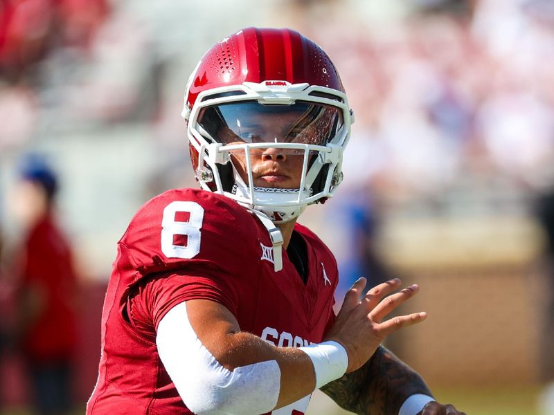 Sep 9, 2023; Norman, Oklahoma, USA;  Oklahoma Sooners quarterback Dillon Gabriel (8) warms up before the game against the Southern Methodist Mustangs at Gaylord Family-Oklahoma Memorial Stadium. Mandatory Credit: Kevin Jairaj-USA TODAY Sports