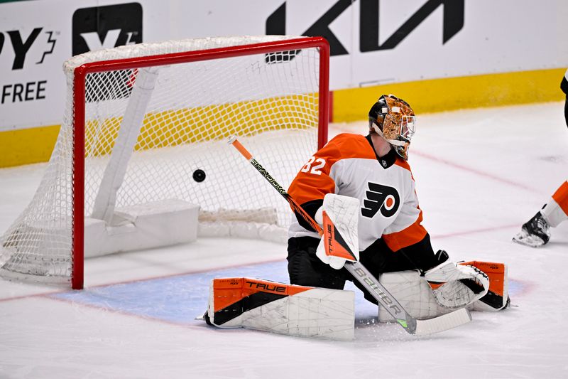 Mar 22, 2025; Dallas, Texas, USA; Philadelphia Flyers goaltender Ivan Fedotov (82) allows a goal to Dallas Stars defenseman Esa Lindell (not pictured) during the first period at the American Airlines Center. Mandatory Credit: Jerome Miron-Imagn Images