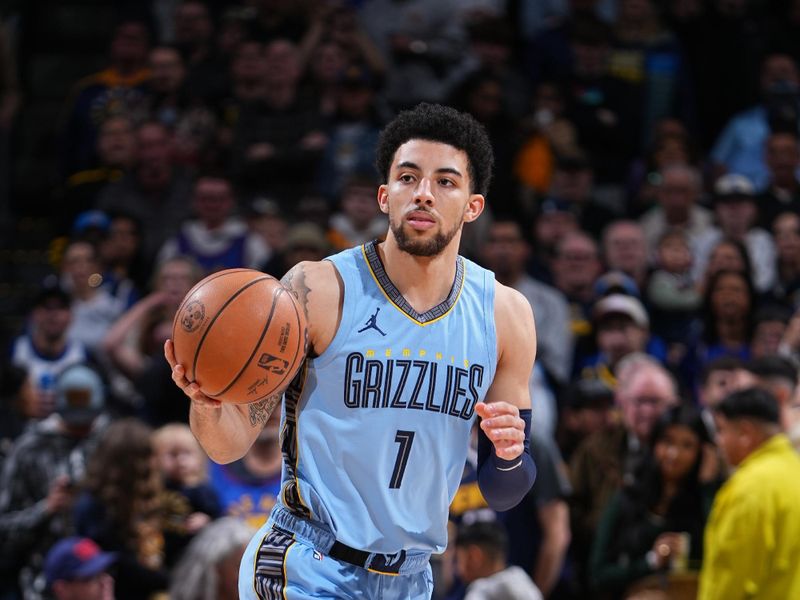 DENVER, CO - MARCH 25: Scotty Pippen Jr. #1 of the Memphis Grizzlies handles the ball during the game against the Denver Nuggets on March 25, 2024 at the Ball Arena in Denver, Colorado. NOTE TO USER: User expressly acknowledges and agrees that, by downloading and/or using this Photograph, user is consenting to the terms and conditions of the Getty Images License Agreement. Mandatory Copyright Notice: Copyright 2024 NBAE (Photo by Garrett Ellwood/NBAE via Getty Images)