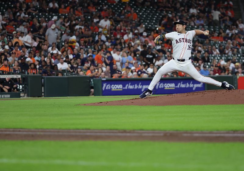 Sep 19, 2024; Houston, Texas, USA;  Houston Astros starting pitcher Yusei Kikuchi (16) pitches against the Los Angeles Angels in the second inning at Minute Maid Park. Mandatory Credit: Thomas Shea-Imagn Images