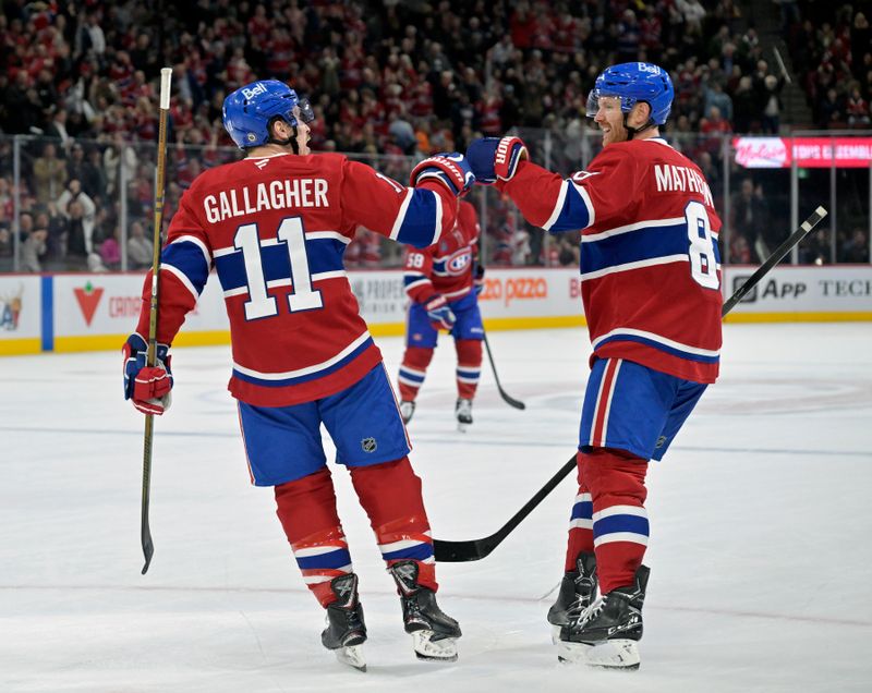 Nov 18, 2024; Montreal, Quebec, CAN; Montreal Canadiens forward Brendan Gallagher (11) celebrates with teammate defenseman Mike Matheson (8) after scoring a goal against the Edmonton Oilers during the second period at the Bell Centre. Mandatory Credit: Eric Bolte-Imagn Images