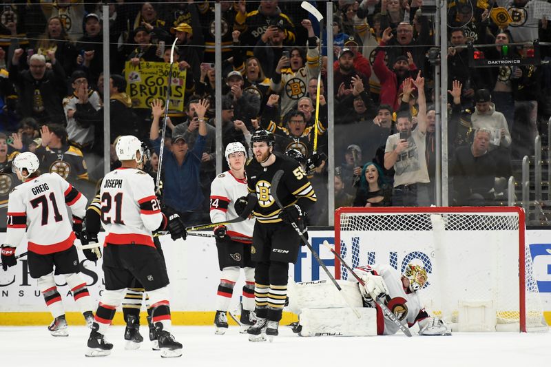 Mar 19, 2024; Boston, Massachusetts, USA;  Boston Bruins right wing Justin Brazeau (55) reacts after scoring a goal during the second period against the Ottawa Senators at TD Garden. Mandatory Credit: Bob DeChiara-USA TODAY Sports