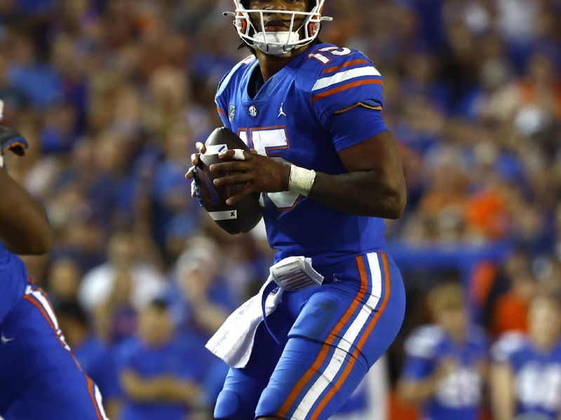 Nov 12, 2022; Gainesville, Florida, USA; Florida Gators quarterback Anthony Richardson (15) drops back against the South Carolina Gamecocks during the second half at Ben Hill Griffin Stadium. Mandatory Credit: Kim Klement-USA TODAY Sports