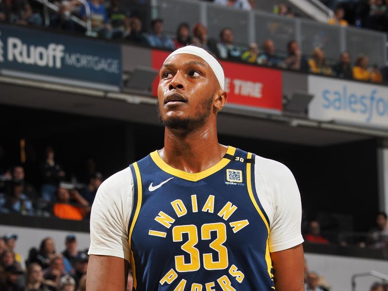 INDIANAPOLIS, IN - MARCH 13:  Myles Turner #33 of the Indiana Pacers looks on during the game on March 13, 2024 at Gainbridge Fieldhouse in Indianapolis, Indiana. NOTE TO USER: User expressly acknowledges and agrees that, by downloading and or using this Photograph, user is consenting to the terms and conditions of the Getty Images License Agreement. Mandatory Copyright Notice: Copyright 2024 NBAE (Photo by Ron Hoskins/NBAE via Getty Images)