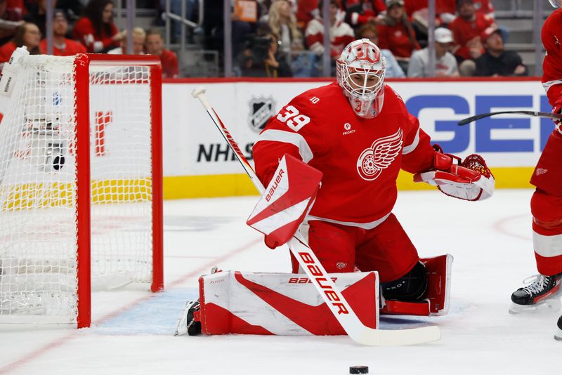 Oct 15, 2025; Detroit, Michigan, USA;  Detroit Red Wings goaltender Cam Talbot (39) makes the save in the first period against the Florida Panthers at Little Caesars Arena. Mandatory Credit: Rick Osentoski-Imagn Images