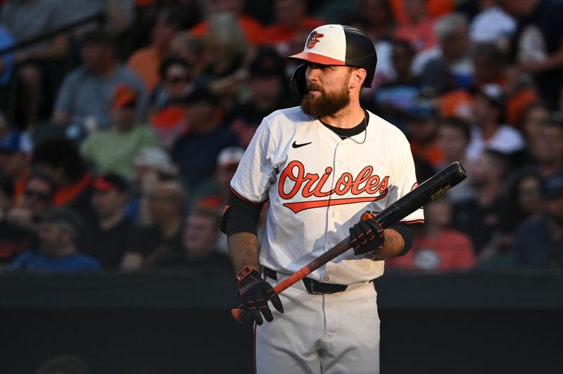 May 1, 2024; Baltimore, Maryland, USA;  Baltimore Orioles outfielder Colton Cowser (17) stands at home plate during the third inning against the New York Yankees at Oriole Park at Camden Yards. Mandatory Credit: Tommy Gilligan-USA TODAY Sports