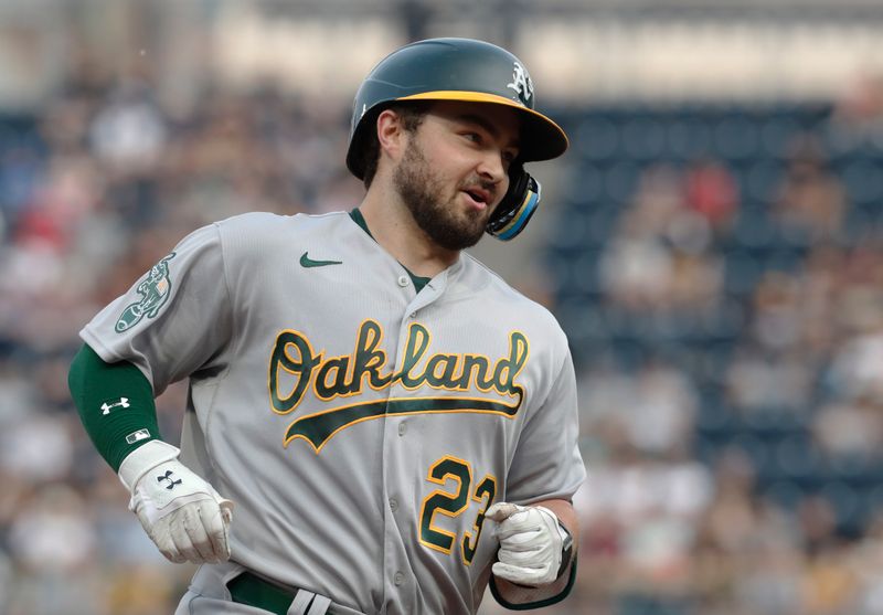 Jun 6, 2023; Pittsburgh, Pennsylvania, USA;  Oakland Athletics catcher Shea Langeliers (23) circles the bases on a solo home run against the Pittsburgh Pirates during the second inning at PNC Park. Mandatory Credit: Charles LeClaire-USA TODAY Sports