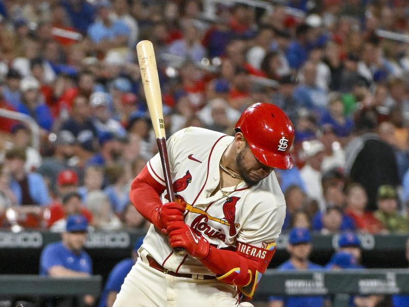 Jul 29, 2023; St. Louis, Missouri, USA;  St. Louis Cardinals catcher Willson Contreras (40) is hit by a pitch from Chicago Cubs relief pitcher Mark Leiter Jr. (not pictured) during the eighth inning at Busch Stadium. Mandatory Credit: Jeff Curry-USA TODAY Sports