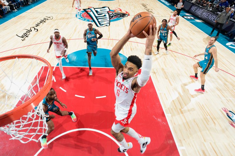 DETROIT, MI - JANUARY 28: Kenyon Martin Jr. #6 of the Houston Rockets dunks the ball against the Detroit Pistons on January 28, 2023 at Little Caesars Arena in Detroit, Michigan. NOTE TO USER: User expressly acknowledges and agrees that, by downloading and/or using this photograph, User is consenting to the terms and conditions of the Getty Images License Agreement. Mandatory Copyright Notice: Copyright 2023 NBAE (Photo by Chris Schwegler/NBAE via Getty Images)