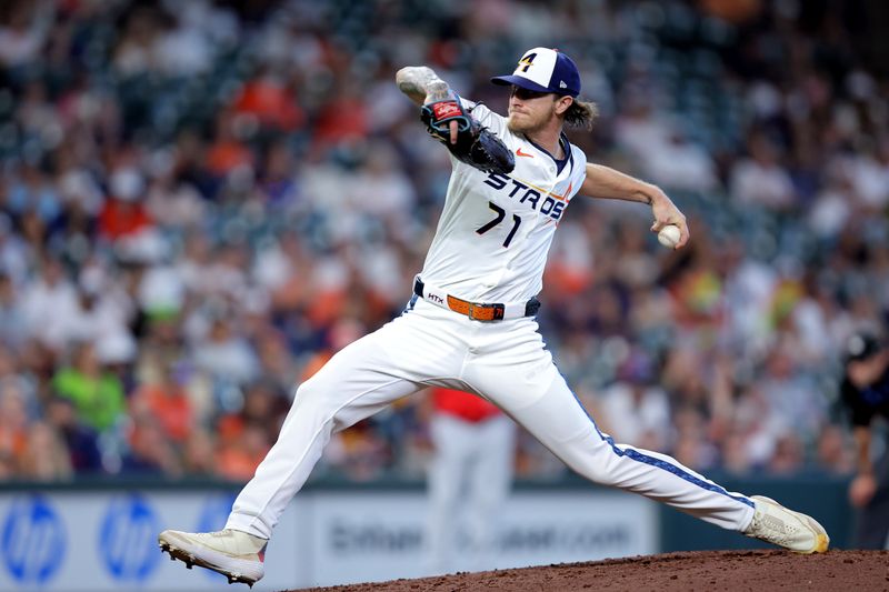 Apr 13, 2025; Houston, Texas, USA; Houston Astros relief pitcher Josh Hader (71) delivers a pitch against the Los Angeles Angels during the ninth inning at Daikin Park. Mandatory Credit: Erik Williams-Imagn Images