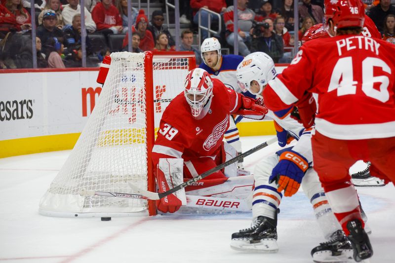 Oct 27, 2024; Detroit, Michigan, USA; Detroit Red Wings goaltender Cam Talbot (39) makes a save during the third period of the game against the Edmonton Oilers at Little Caesars Arena. Mandatory Credit: Brian Bradshaw Sevald-Imagn Images