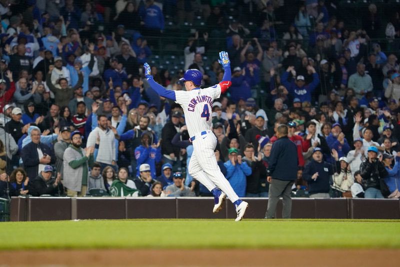 May 28, 2025; Chicago, Illinois, USA; Chicago Cubs outfielder Pete Crow-Armstrong (4) runs the bases after hitting a home run against the Colorado Rockies during the fourth inning at Wrigley Field. Mandatory Credit: David Banks-Imagn Images