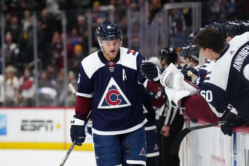 Feb 27, 2024; Denver, Colorado, USA; Colorado Avalanche right wing Mikko Rantanen (96) celebrates his first period goal against the Dallas Stars at Ball Arena. Mandatory Credit: Ron Chenoy-USA TODAY Sports