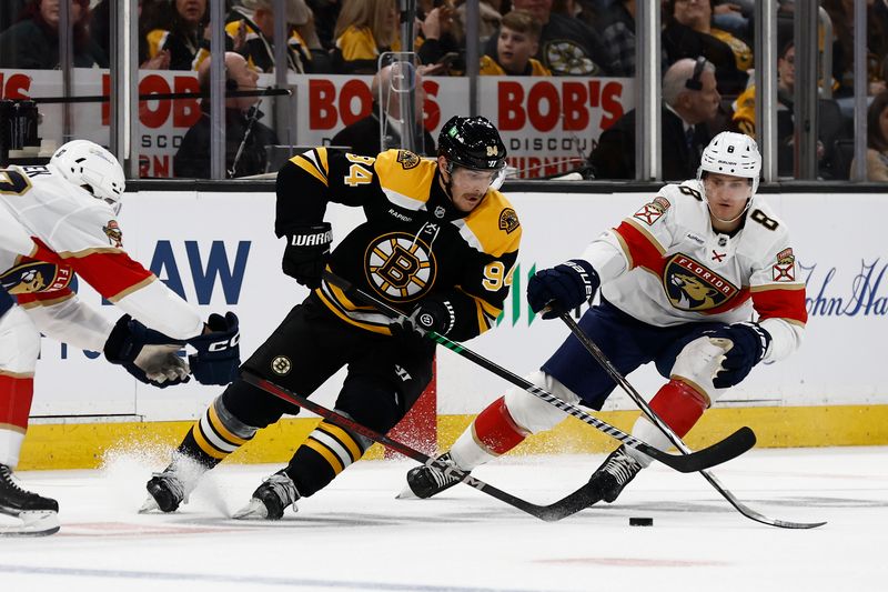Mar 11, 2025; Boston, Massachusetts, USA; Boston Bruins center Jakub Lauko (94) cuts past Florida Panthers center Nico Sturm (8) during the second period at TD Garden. Mandatory Credit: Winslow Townson-Imagn Images
