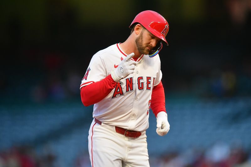 May 6, 2025; Anaheim, California, USA;Los Angeles Angels left fielder Taylor Ward (3) runs the bases after hitting a two run home run against the Toronto Blue Jays during the first inning  at Angel Stadium. Mandatory Credit: Gary A. Vasquez-Imagn Images