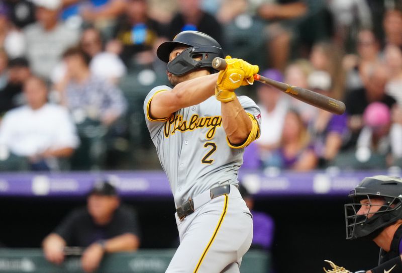 Jun 14, 2024; Denver, Colorado, USA; Pittsburgh Pirates first base Connor Joe (2) singles in the sixth inning against the Colorado Rockies at Coors Field. Mandatory Credit: Ron Chenoy-USA TODAY Sports