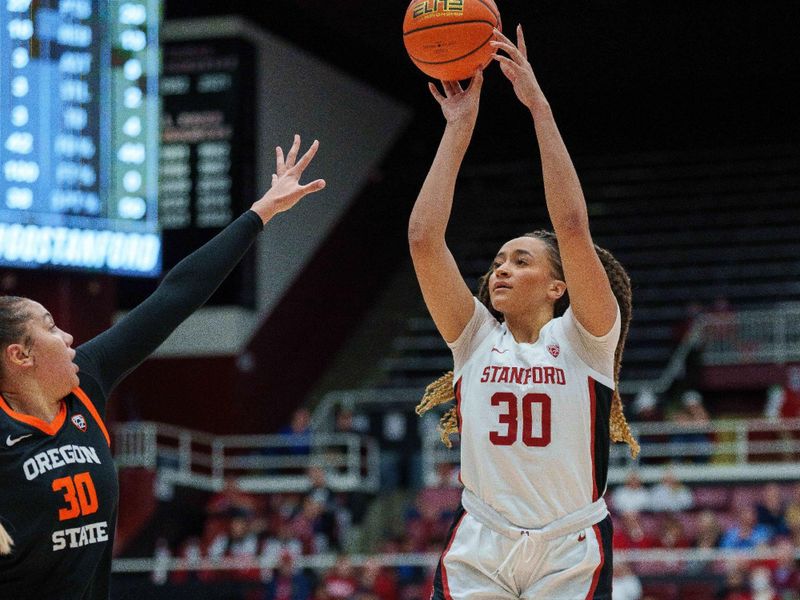 Jan 27, 2023; Stanford, California, USA; Stanford Cardinal guard Haley Jones (30) shoots the basketball during the second quarter against Oregon State Beavers forward Timea Gardiner (30) at Maples Pavilion. Mandatory Credit: Neville E. Guard-USA TODAY Sports